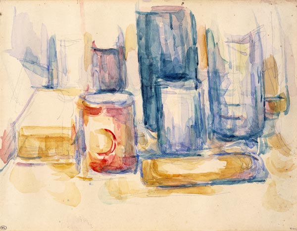 Küchentisch mit Töpfen und Flaschen von Paul Cézanne