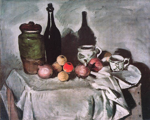 Stilleben mit Früchten und Geschirr von Paul Cézanne