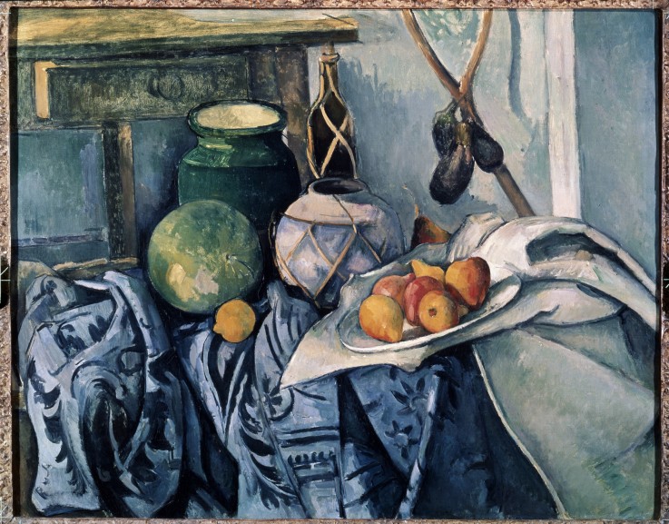 Stilleben mit Weinflasche und Auberginen von Paul Cézanne