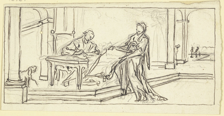 Justinus, an einem Tisch sitzend, exzerpiert sein Werk aus den Schriften des Trogus Pompejus von Paul Egell