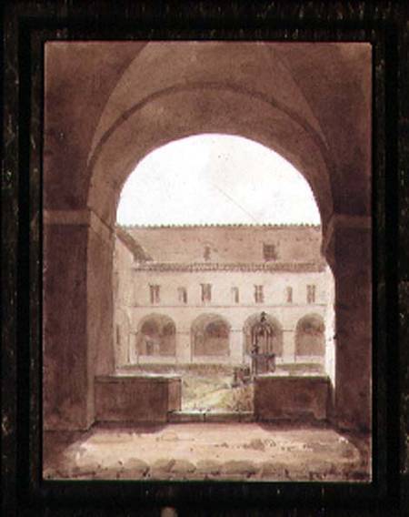 View of a Cloister with a Well (sepia w/c on paper) von Paul Emile Detouche