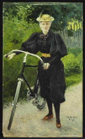Eine Dame mit Fahrrad 1896