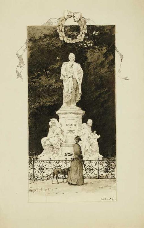 Elegante Dame vor einem Goethe-Denkmal von Paul Fischer