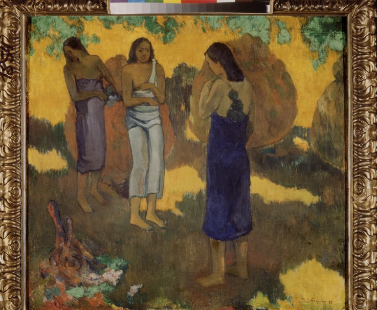 Drei Tahitianerinnen auf gelbem Hintergrund von Paul Gauguin