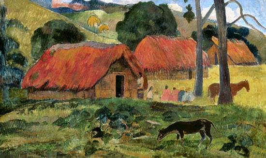 Hund vor strohgedeckten Hütten von Paul Gauguin