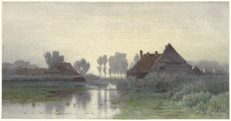 Bauernhäuser bei Morgennebel von Paul Joseph Constantin Gabriel