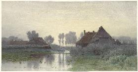 Bauernhäuser bei Morgennebel