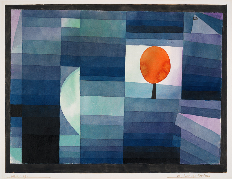 Der Bote des Herbstes (grün/violette Stufung mit orange Akzent) von Paul Klee