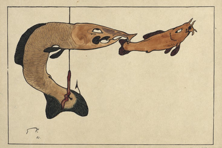 Ohne Titel (Zwei Fische, einer am Haken) von Paul Klee