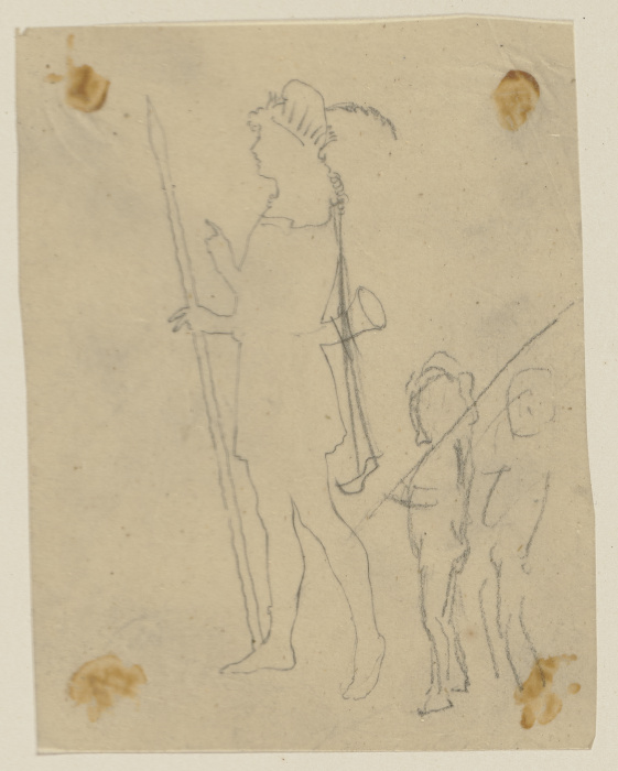 Oberon mit Lanze und Jagdhorn, stehend, nach links, begleitet von zwei Elfenkindern von Paul Konewka