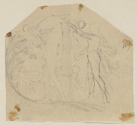 Titania, unbekleidet und mit hochgestecktem Haar, und Nick Bottom mit Eselskopf, gehend, begleitet v