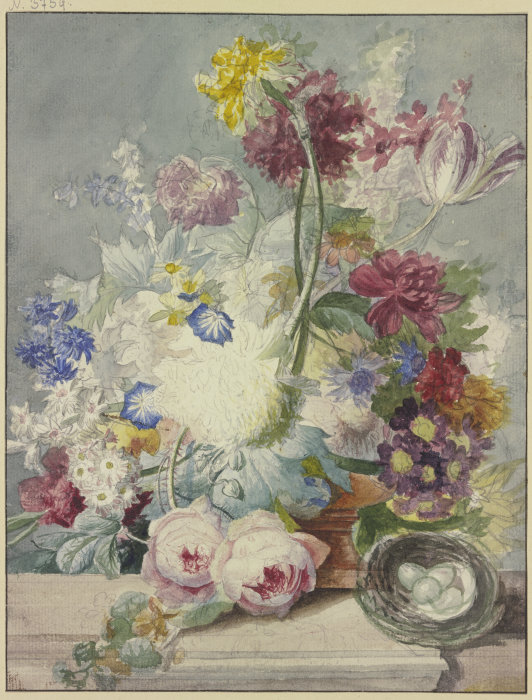 Blumenstrauß, dabei ein Vogelnest mit Eiern von Paul Theodor van Brussel