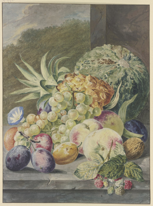 Fruchtstück, Melone, Ananas, Trauben, Pfirsiche, Pflaumen, Nüsse von Paul Theodor van Brussel