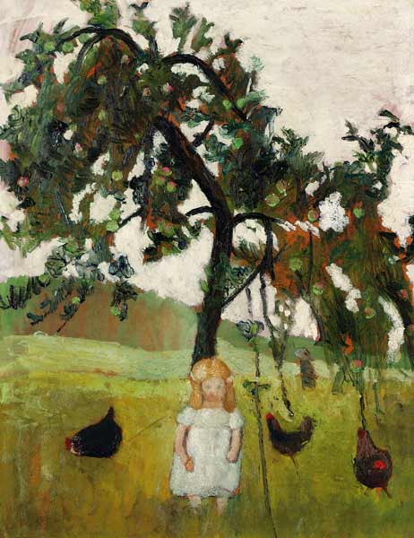 Elsbeth mit Hühnern unter Apfelbaum von Paula Modersohn-Becker