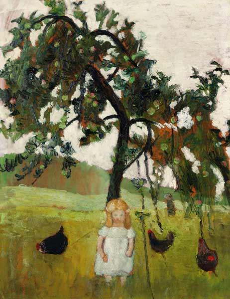 Elsbeth mit Hühnern unter Apfelbaum 1902