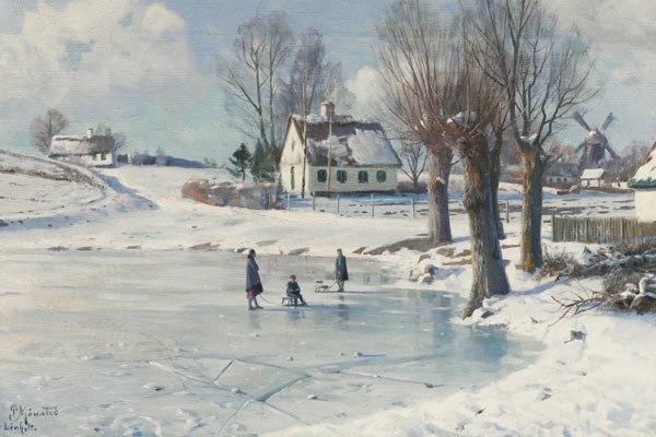 Auf dem zugefrorenen Dorfteich (Lönholt) von Peder Mørk Mønsted