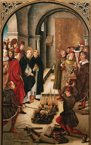 Die Feuerprobe (Verbrennung der Bücher des Dominikus von Guzmán) von Pedro Berruguete