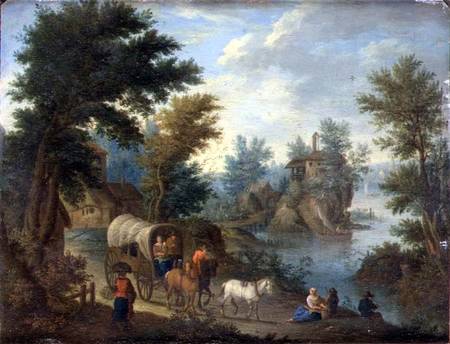 A wooded river landscape with travellers von Peeter van Bredael