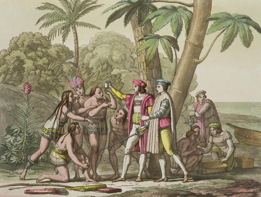 Christopher Columbus (1451-1506) with Native Americans, from 'Le Costume Ancien et Moderne', Volume von Pelagio Palaggi