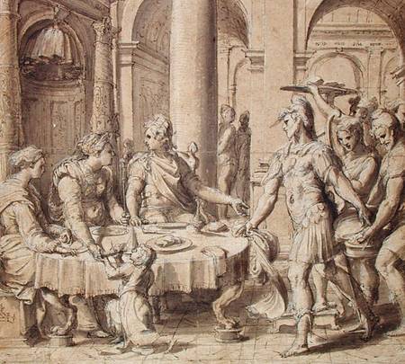 The Banquet of Dido and Aeneas, model for a tapestry in the Story of Aeneas series von Perino del Vaga