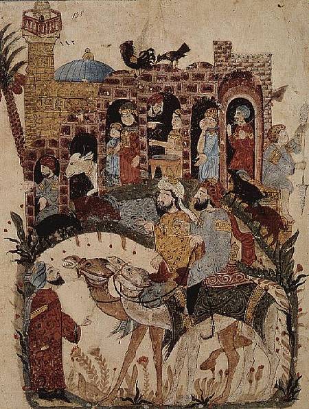 Ar 5847 f.138 Abu Zayd and Al-Harith questioning villagers from 'The Maqamat' (The Meetings) by Al-H von Persian School