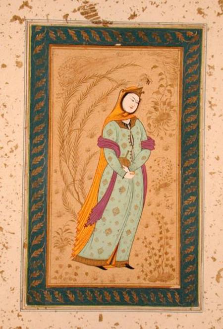 Girl holding a wine vessel and a pear, from the Large Clive Album von Persian School