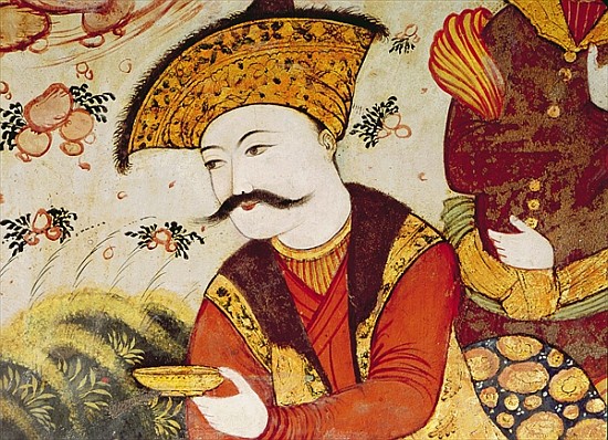 Shah Abbas I (1588-1629) and a Courtier offering fruit and drink (detail of 155563 showing the head  von Persian School