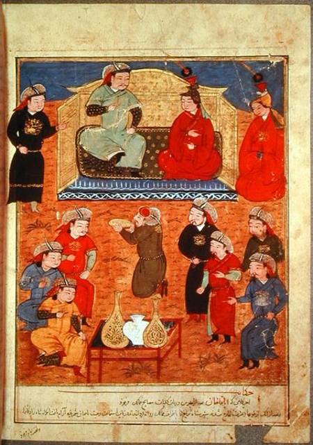 Ms. Supp. Pers. 1113 fol.203v Arghan Khan with two of his wives and his son Ghazan von Persian School