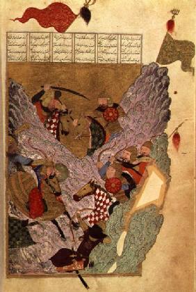 Genghis Khan (c.1162-1227) fighting the Chinese in the mountains, a scene from Ahmad Tabrizi's 'Shah 1397-98