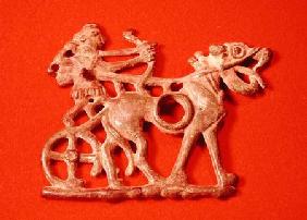 Horse bit depicting a hunter on his chariot, firing his bow c.1200-700