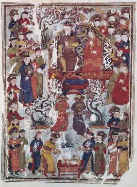 Ms. Supp. Pers. 113 f.44v Genghis Khan and his wife Bortei enthroned before courtiers 14th