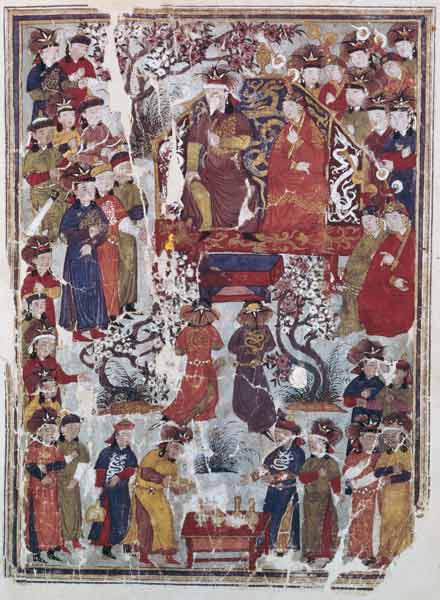 Ms. Supp. Pers. 113 f.44v Genghis Khan and his wife Bortei enthroned before courtiers von Persian School