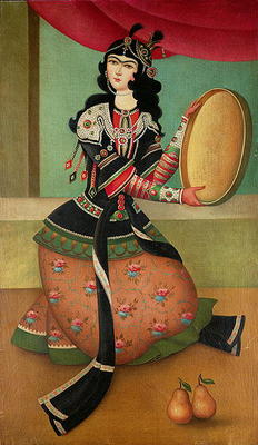 A Dancing Girl with a Tambourine, Qajar school (oil on canvas) von Persian School, (19th century)