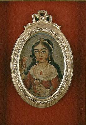 Qajar bust roundel depicting an adorned woman (oil on canvas) 1912