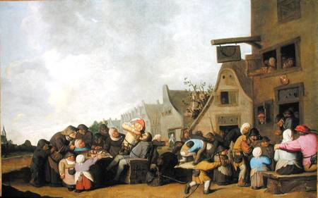 A Village Scene with a Dentist Pulling Teeth and Peasants Fighting Outside a Tavern von Peter de Bloot