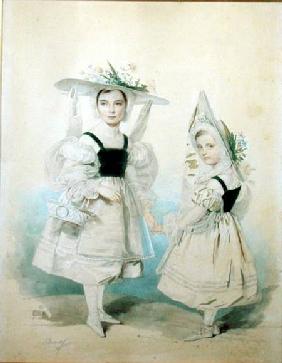 Portrait of the Grand Princesses Olga and Alexandra in Fancy Dress 1830s  on