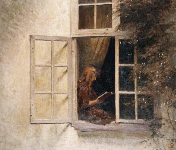 Lesendes Mädchen am Fenster.