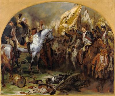 Die Siegesparade der preußischen Truppen vor Friedrich dem Großen nach der Schlacht bei Hohenfriedbe Um 1888