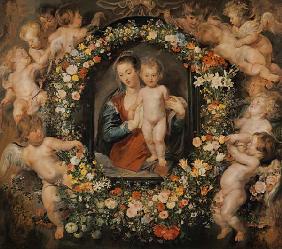 Die Madonna im Blumenkranz. Der Blumenkranz von Jan Brueghel d.Ä. (1568-1625)