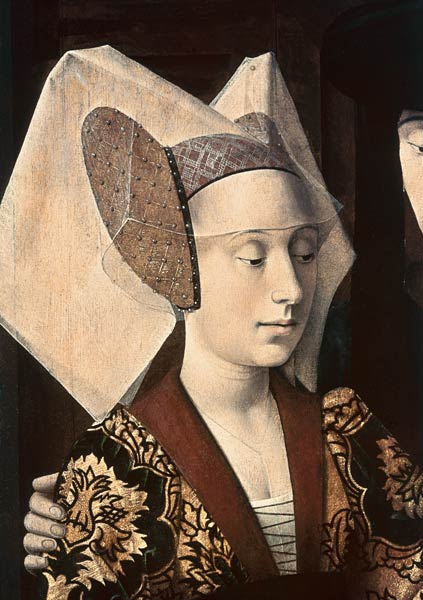 St. Eligius (c.588-660) as a goldsmith showing a ring to the engaged couple, detail of the fiancee von Petrus Christus