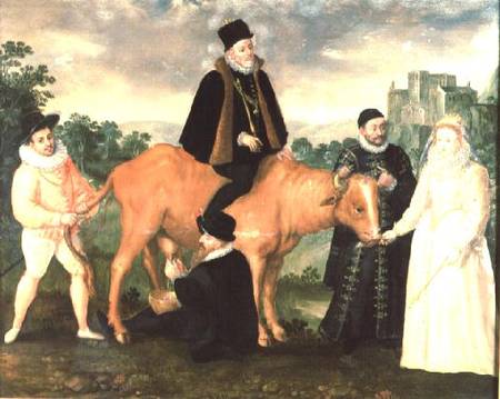 Portrait of Philip II (mounted on a cow), the Duke of Alencon, the Duke of Alba, William of Orange a von Philip Moro