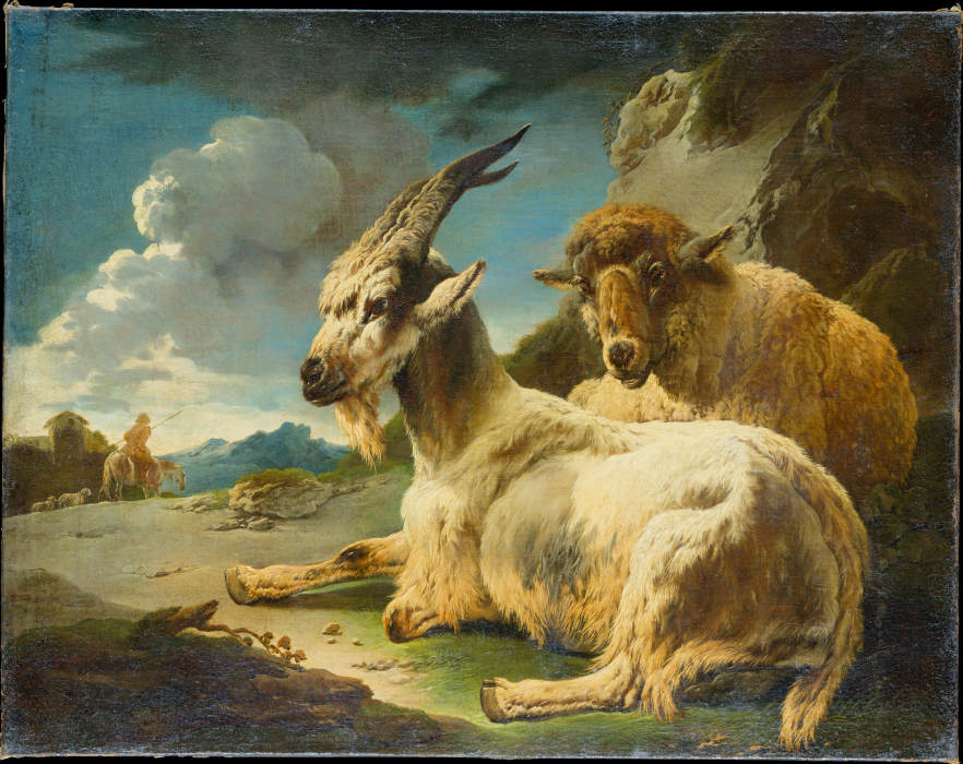Ruhender Ziegenbock und Schaf in felsiger Landschaft von Philipp Peter Roos