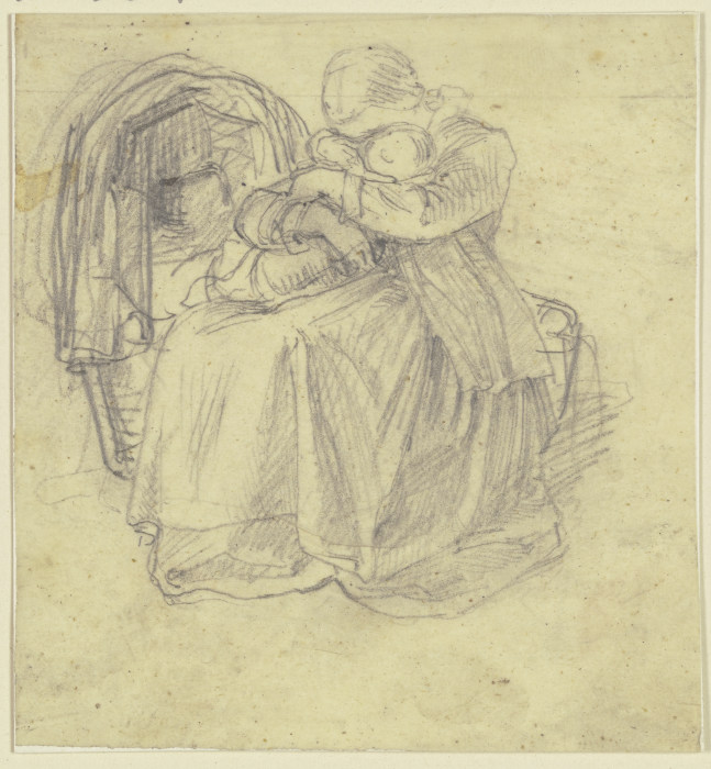 Ein Mädchen sitzt bei einer Wiege und hält mit beiden Armen umfaßt ein kleines Kind auf ihrem Schoß, von Philipp Rumpf