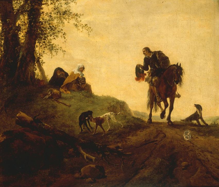 Landschaft mit einem Reiter, der zwei am Wegrand sitzende F von Philips Wouwermans or Wouwerman
