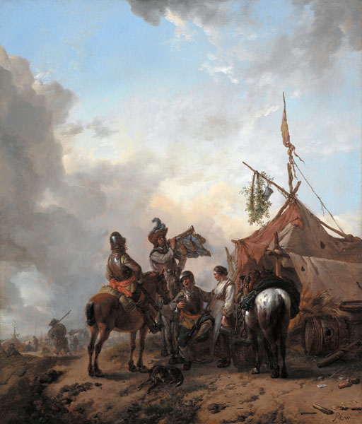 Soldiers carousing with a serving woman outside a tent von Philips Wouwermans or Wouwerman