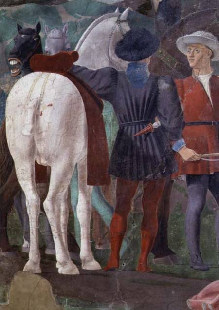 The Legend of the True Cross, the Reception of the Queen of Sheba by King Solomon, detail of two hor von Piero della Francesca