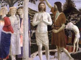 Baptism of Christ, detail of Christ, John the Baptist and angels 1450