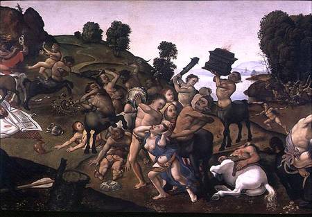 The Fight Between the Lapiths and the Centaurs, (detail of Centaurs attacking the Lapiths) c.1490's von Piero di Cosimo