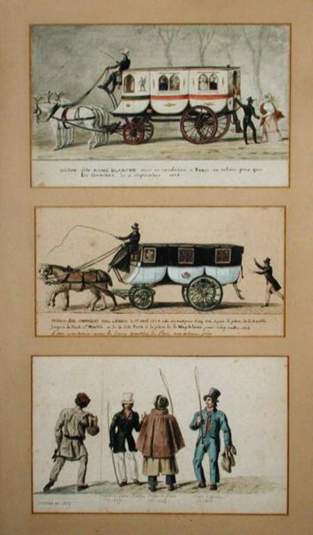 A Dame Blanche Carriage, an Omnibus and Drivers von Pierre Antoine Lesueur