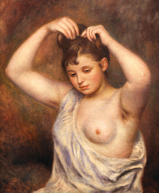Frau, sich die Haare richtend von Pierre-Auguste Renoir